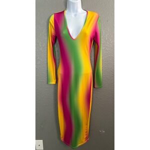 Bright Colorful Bodycon Midi Dress Sz M Party Clubwear Vintage  Stretch V‎ Neck